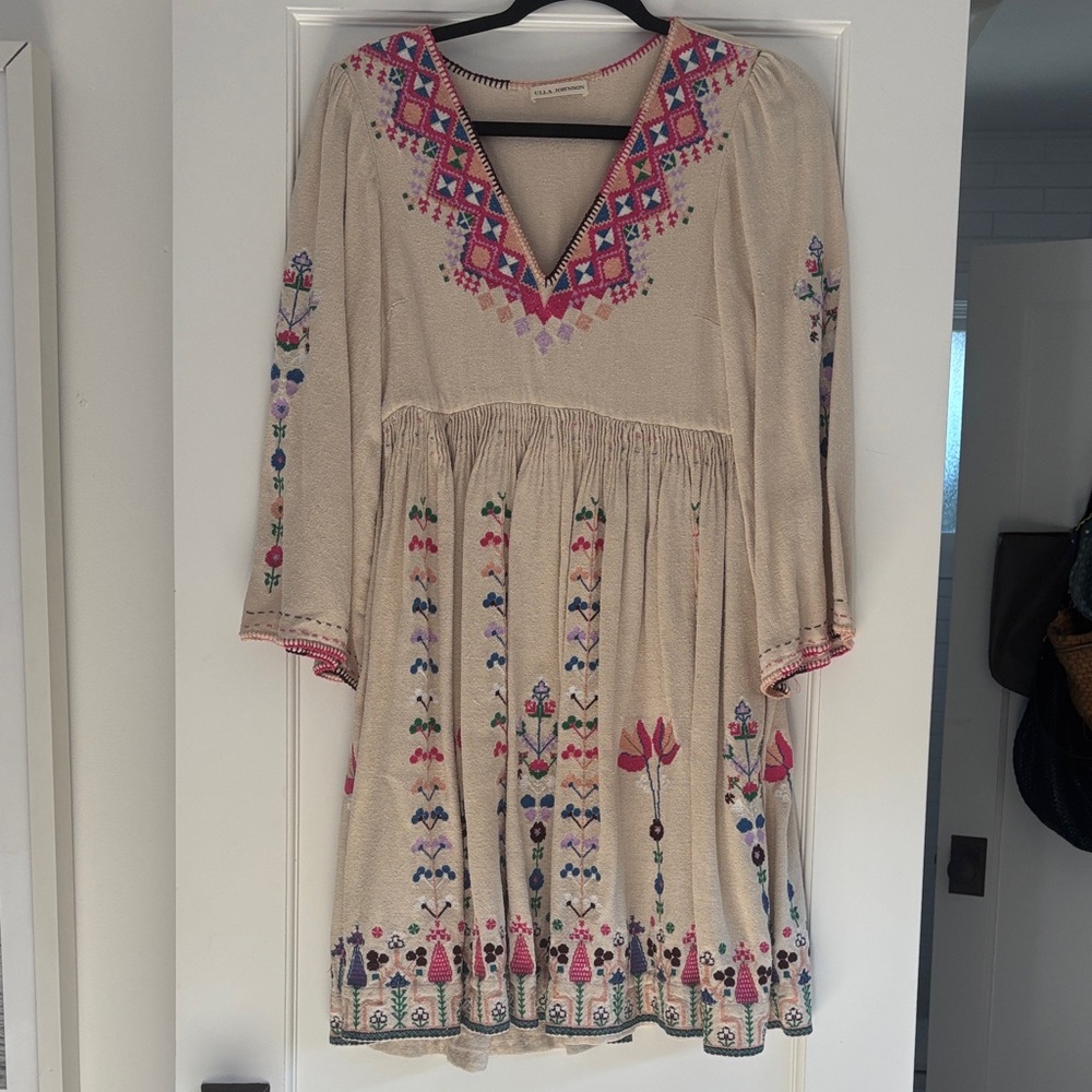 Ulla Johnson Cream Dress with Pink and Blue Embroidery